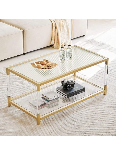 Gold  Collar  Iron   Embellished   Furniture Gold Glass Coffee Table, Square Glass Coffee Table, Classy Furniture, Coffee Table For Living Room, Acrylic Coffee Table, Coffee Table Grey, Acrylic Legs, Brass Coffee Table, Glass Top Coffee Table