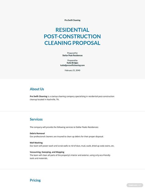 Free Post Construction Cleaning Proposal Template Post Construction Cleaning Checklist, Post Construction Cleaning, Up Proposal, Small Business Printables, Construction Clean Up, Cleaning Contracts, Cleaning Flyers, House Cleaning Company, Restaurant Template