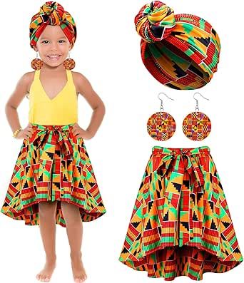 Tarpop 3 Pcs Halloween Kid African Clothes Dashiki Skirt Toddler Girl Bohemian Head Wrap Dangle Earring African Outfits African Bohemian, Dashiki Skirt, African Jumpsuit, African Babies, African Outfits, African Print Skirt, African Skirts, African Dashiki, African Clothes