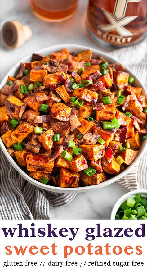 Golden brown roasted sweet potatoes, bacon, and a whiskey glaze that is to die for! These whiskey glazed sweet potatoes are the perfect addition to your holiday meal. They are sweet and salty and go great with any main course you are serving. - Eat the Gains #whiskeyrecipe #sweetpotatoes #whiskeyglaze #holidayrecipes #holidaysidedish Sweet Potatoes With Bacon, Tx Whiskey, Whiskey Glaze, Potatoes With Bacon, Glazed Sweet Potatoes, Cubed Sweet Potatoes, Holiday Side Dish, Roasted Radishes, Gluten Free Potatoes