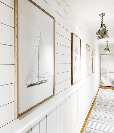 Shiplap Wall Coastal, Modern Coastal Feature Wall, Nautical Hallway Ideas, Shiplap Coastal Living Room, Horizontal Wood Paneling Wall, Shiplap Wall Horizontal, Shiplap And Wainscoting Together, Beach House Accent Wall, Vertical And Horizontal Shiplap