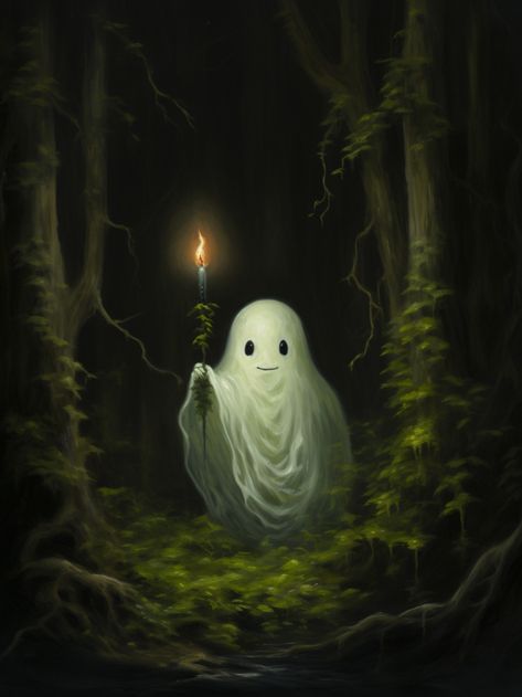 An oil painting of a cute little ghost in the dark forest holding a candle. Ghost With Candle, Halloween Fantasy Art, Fantasy Ghost Art, Ghost Art Cute, Cute Ghost Wallpaper, Samhain Art, Cute Ghost Painting, Cottagecore Artwork, Cute Ghost Art