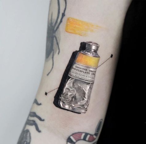 Edit Paints Tattoo, Art Tools Tattoo, Paint Swipe Tattoo, Paint Can Tattoo, Tattoos Of Paintings, Paint Smear Tattoo, Paint Tube Tattoo, Paint Tattoo Ideas, Tattoo Ideas For Artists