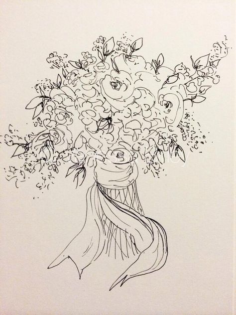 Flower Bouquet Pen Drawing, Sketch Of Bouquet Of Flowers, Flower Bouquet Drawing Reference, Sketch Flower Bouquet, Bouquet Sketch Drawings, Bouquet Of Flowers Reference, Floral Arrangement Drawing, Bouquet Drawing Reference, Bouquet Of Flower Drawing