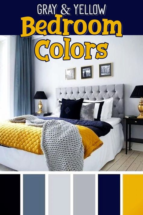 Bedroom accent colors for a gray and yellow bedroom - gray, yellow, blue and navy blue bedroom decorating ideas- beautiful master suite bedroom colors, dorm room colors or a teen bedroom color scheme. Really brightens up a small apartment bedroom too! Masculine Yellow Bedroom, Blue And Yellow Room Bedrooms, Gray Navy Bedroom, Bedroom Accent Colors, Gray And Navy Bedroom, Navy And Yellow Bedroom, Yellow Bedding Bedroom, Yellow And Gray Bedding, Teen Bedroom Colors