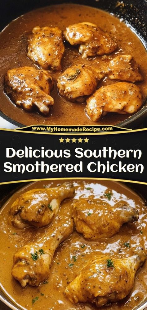 🍗 Southern Smothered Chicken just like grandma made! Tender chicken smothered in rich, creamy gravy with herbs. Pure comfort food that'll warm your soul! #southernfood #comfortfood #chickendinner Ingredients: Chicken thighs Heavy cream Onions Chicken broth Soul-warming Southern comfort in every bite! 👩‍🍳✨ Smothered Chicken With Brown Gravy, Smothered Chicken Oven Baked, Baked Chicken Recipes With Gravy, Smothered Chicken Quarters, Southern Crock Pot Recipes, Gravy Smothered Chicken, Chicken Thigh Gravy Recipe, Stewed Chicken In Crockpot, Soul Smothered Chicken