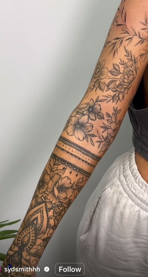 Tattoo Sleeves For Women Minimal, Boho Arm Sleeve Tattoo, Scattered Tattoos Sleeve Women Arm, Forearm Bracelet Tattoo Women, Tooled Leather Tattoo Sleeve Women, Women’s Arm Sleeve, Mandala And Flower Tattoo Sleeve, Women Half Sleeve Tattoo Classy, Under Arm Tattoo