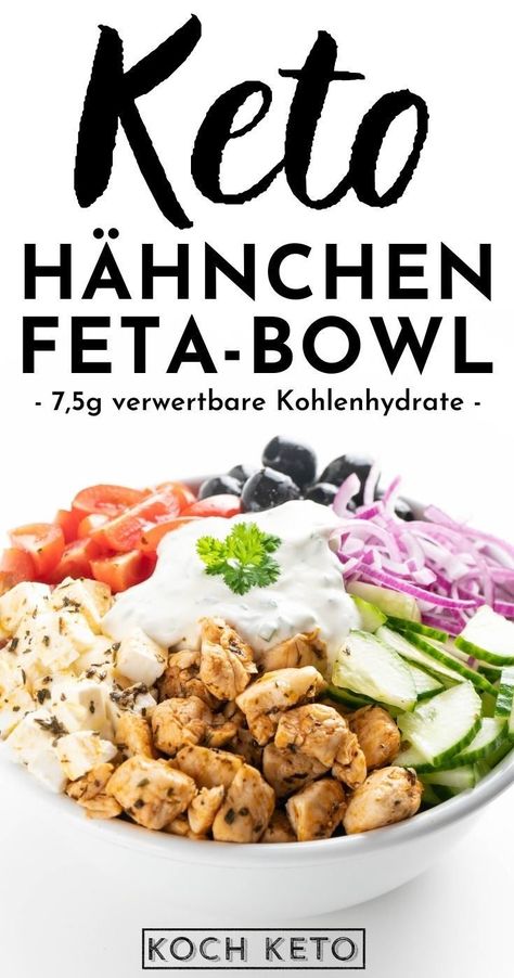 Wenn’s mal so richtig schnell gehen muss, ist diese Keto Hähnchen-Feta-Bowl mit Gemüse vielleicht genau das Richtige für dich. Denn die Bowl ist in nur 20 Minuten fertig und macht so richtig satt – perfekt also, wenn man erschöpft nach Hause kommt und einfach nur ein leckeres Abendessen ohne Kohlenhydrate essen möchte. Low Carb Bowls, Keto Bowls, Yummy Salad Recipes, Eat Smart, Keto Dinner, Keto Recipes Easy, Low Carb Keto, Health And Nutrition, Delicious Salads