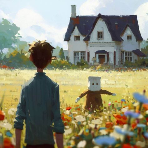 A man looking at a scarecrow in a flower field  in front of a house, a storybook illustration by Nathan Oliveira, featured on pixiv, american scene painting, storybook illustration, official art, detailed painting House Digital Painting, Outside Reference, The Scarecrow, Environment Concept Art, Environmental Art, Art Background, Scarecrow, Art Reference Photos, Cartoon Art Styles