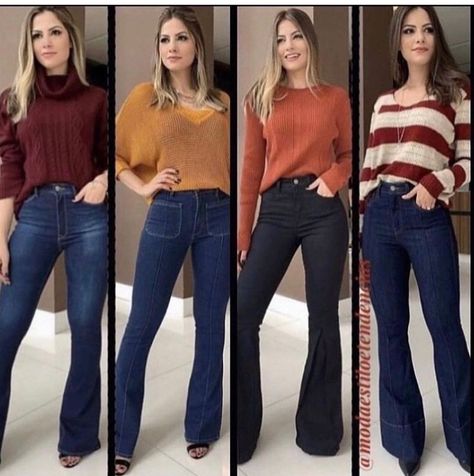 Jeans Semi Formal Outfits Women, Outfit Fall 2023 Women, Flare Outfit Jeans, Flare Jeans Office Outfit, Flare Jeans Outfit Fall 2023, How To Wear Flared Jeans, Jeans Flare Outfits Invierno, Flare Jeans And Sweater Outfit, Flared Jeans Outfit Casual