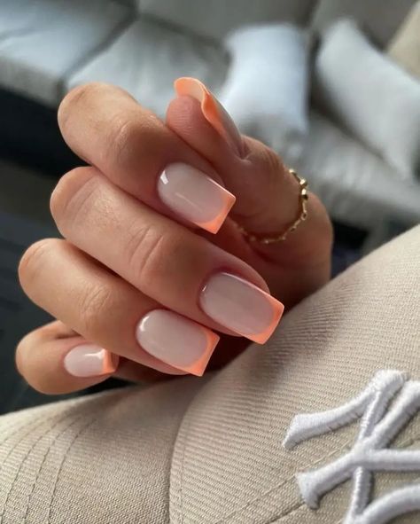 Save this pin for gorgeous peachy nail inspiration that will take your style to the next level. Elevate your look with trendy nail designs perfect for any occasion. #NailInspo #PeachyNails #FashionTrends Peach And White Nails Acrylic, Simple Peach Nails, Peachy French Nails, Peachy Nails Designs, Peach French Tips, Short Peach Nails, Peach French Tip Nails, Persian Kabob Recipe, Peach Nails With Designs