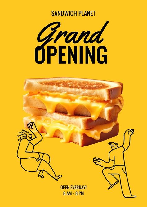 Grand opening poster template | premium image by rawpixel.com / Aew Grand Opening Poster, Burger Illustration, Avatar Black, Food Stall Design, Sandwich Menu, Pizza Branding, Beverage Poster, Cafe Posters, Grab Food