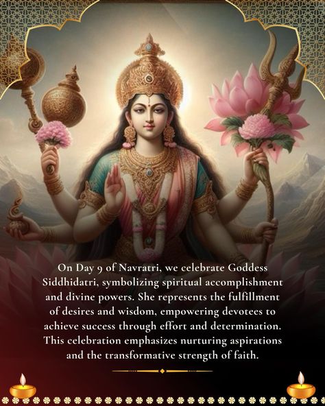 Today we celebrate goddess siddhidatri, a powerful manifestation of the divine feminine. She revered as the goddess of spiritual enlightenment and the fulfilment of desires, representing the ultimate accomplishment in life. Goddess Siddhidatri, Goddess Tripurasundari, Goddess Invocation, Adi Parashakti Goddess, Bhuvneshwari Goddess, Powerful Manifestation, The Divine Feminine, Spiritual Enlightenment, Achieve Success