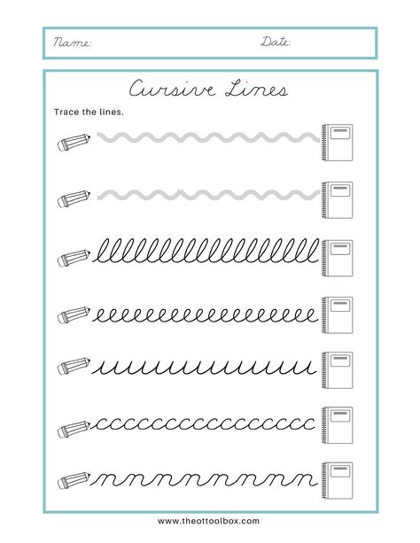 Cursive Prewriting Lines And Strokes, Cursive Name Practice Writing Worksheets, Teaching Cursive Handwriting Kids, Beginning Cursive Free Printable, Beginner Cursive Worksheets, Cursive Writing For Beginners, Cursive For Beginners, Cursive Tracing Worksheets, English Cursive Writing Practice