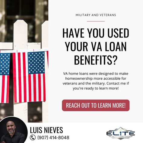 Have you used your VA loan benefits yet? 🤔 VA home loans are designed to make homeownership more accessible for veterans and the military. Contact me if you're ready to learn more! Reach out to learn more! 📱 Investing in the Last Frontier! Luis Nieves Realtor®️ Military Relocation Professional Elite Real Estate Group Palmer (907) 414-8048 luis@aegisofalaska.com 183790 Aegis of Alaska https://www.aegisofalaska.com/ #aegisofalaska #alaska #lastfrontier #realestateinvesting #veter Real Estate Marketing Design, Colorado Real Estate, Va Loan, Loan Officer, Mortgage Lenders, Real Estate Business, Home Ownership, Marketing Design, Home Loans