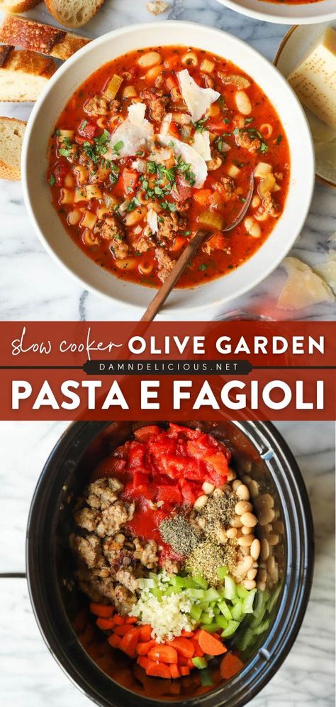 SLOW COOKER OLIVE GARDEN PASTA E FAGIOLI, crockpot, dinner ideas, comfort food, easy main dishes Slow Cooker Pasta Fagioli, Olive Garden Soup, Olive Garden Pasta Fagioli, Garden Soup, Olive Garden Pasta, Garden Pasta, Pasta Fagioli Recipe, Pasta Fagioli Soup, Slow Cooker Pasta Recipes