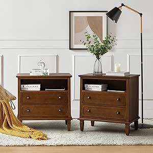 HULALA HOME Farmhouse Nightstand with Charging Station Set of 2, End Table with USB Ports & Outlets, Fluted Pilasters Design Bedside Table with Open Space and 2 Drawers Dresser for Bedroom, WALNUT Wide Nightstand, Design Bedside Table, 2 Drawer Dresser, Farmhouse Nightstand, Nightstand Table, Bedside Table Set, Nightstand With Charging Station, Bedside Table Design, Nightstand Set Of 2