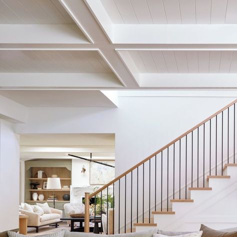 Mindy Gayer Design Co. on Instagram: "A coffered ceiling with tongue and groove paneling sets the tone in the #mgdxrancho family room. #mindygayerdesign { Image by: @rogerdaviesphotography }⁣ ⁣ #familyroomdesign #livingroominspiration #smmakelifebeautiful #mycuratedaesthetic #howihome #interiorandliving #loveyourhabitat #realhomesofinstagram #nesttoimpress" Tongue And Groove Paneling, Coffer Ceiling, Mindy Gayer Design, Warm Color Palette, Tongue And Groove Ceiling, Warm Colour Palette, Interior Stylist, Coffered Ceiling, Family Room Design