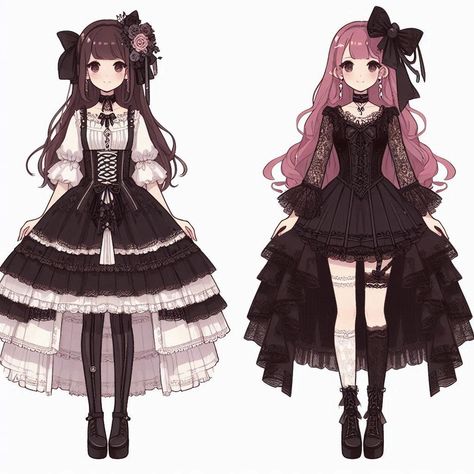 Gothic Lolita (left), Dark Coquette (right) according to AI Goth Lolitas, Gothic Coquette, Dark Coquette, Gothic Lolita, Gothic Fashion, Sailor Moon, Anime, Kawaii