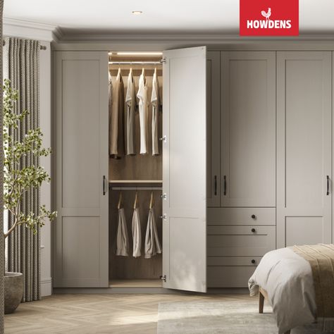 Unlock the art of bedroom design with our fitted wardrobe ideas. Elevate your space with fitted wardrobes, capturing the essence of bedroom ideas that transcend trends. Immerse in the tranquility of grey bedroom aesthetics, exploring the perfect blend of style and comfort for your master bedroom. Find inspiration in our curated collection of traditional bedroom designs. Redefine your space with our grey bedroom ideas, and discover the ultimate bedroom inspiration with Howdens. Grey Bedroom Cupboards Built Ins, Cashmere Wardrobe Doors, Howdens Wardrobes, Howdens Bedroom, Wardrobe Colours Bedroom, Brown And Cream Bedroom, Fitted Wardrobe Ideas, Latest Cupboard Designs, Fitted Wardrobes Bedroom