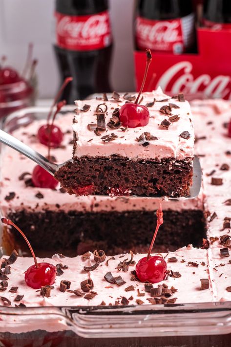 Chocolate Cherry Coke Cake Recipe - Frugal Mom Eh! Coke Cake Recipe, Cherry Cola Cake, Cherry Coke Cake, Cola Cake Recipe, Cherry Chip Cake Mix, Coca Cola Recipes, Coke Recipes, Coca Cola Cherry, Chocolate Cake Mix Recipes