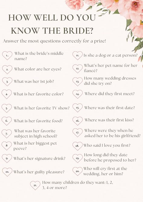 Pink Floral Bridal Shower Questions Game Brunch Bridal Shower Ideas Games, Bridal Question Game, Bridal Jepordy Shower Questions, Bridal Shower Pink Theme, Bridal Shower Schedule, Small Bridal Shower Ideas, Bridal Shower Itinerary, Wedding Games For Reception, Bridal Shower Party Games