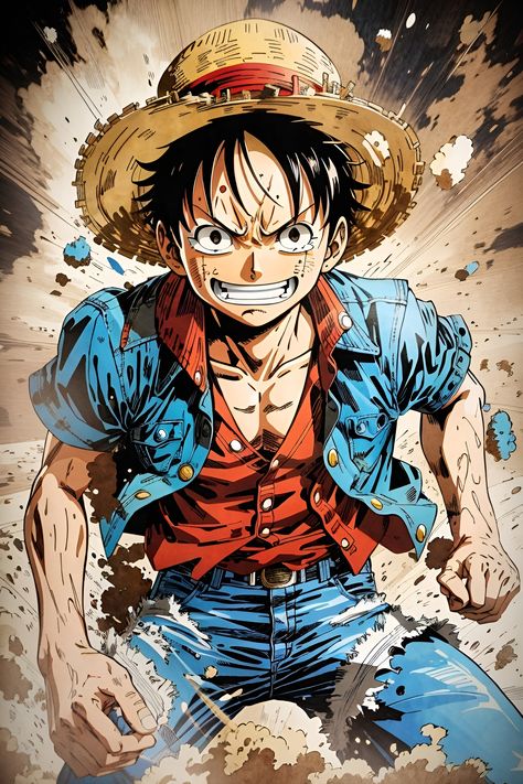 Anime Famous Character, Luffy Action Pose, Luffy Illustration, Comic Style Illustration, Vintage Comic Style, Comic Book Illustration, Book Texture, Naruto Wallpaper Iphone, Android Wallpaper Art