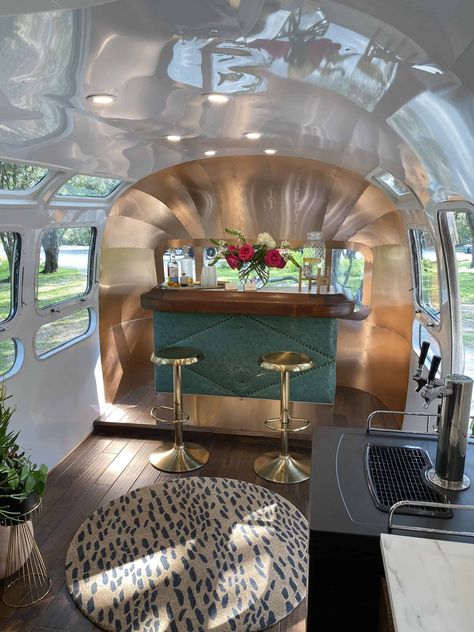 Cool Airstream Interiors, Airstream Business Ideas, Airstream Boutique Ideas, Airstream Outdoor Space, Boho Airstream Interior, Renovated Airstream Interior, Airstream Excella Remodel, Remodeled Airstream Interiors, Airstream Aesthetic