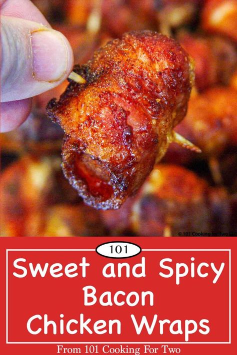 What could go wrong with bacon, sugar, and spices? Cubes of chicken wrapped in bacon and coated with brown sugar, chili powder, and cumin? Great finger food for that "bring a dish" party. A skill level of 3/10 (easy). #SpicyChickenBaconWraps #FingerFood #DishToPass #PartyFood #BaconChickenWraps Sweet And Spicy Bacon, Chicken Wrapped In Bacon, Bacon Wraps, Bacon Wrapped Chicken Bites, Brown Sugar Chicken, Brown Sugar Bacon, Sweet And Spicy Chicken, Bacon Appetizers, Bacon Wrapped Asparagus