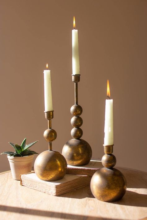 Three Candle Holder, Antique Brass Candlesticks, Tall Candle Holders, Modern Rustic Decor, Modern Rustic Homes, Three Candles, Rustic Candle Holders, Tall Candle, Rustic Candles