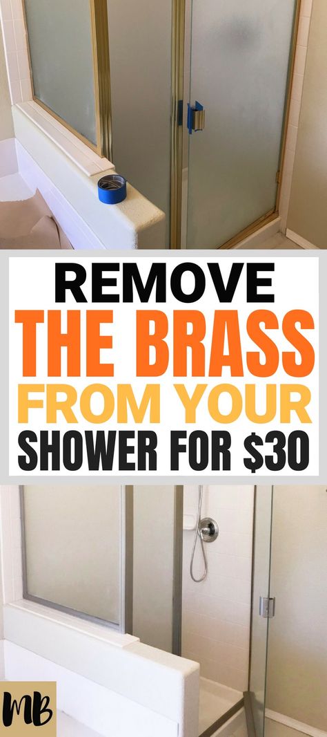 How to paint a brass shower enclosure #showermakeover Diy Shower Door, Shower Frame, Chrome Bathroom Fixtures, Brass Bathroom Fixtures, Shower Makeover, Painting Shower, Bright Bathroom, Door Diy, Brass Shower