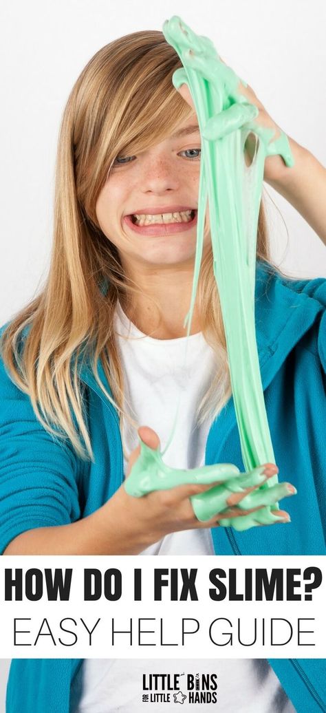 The ultimate how to fix slime guide for basic homemade slime recipes. How do I fix slime is the number one question I get these days. Check out our slime help guide for troubleshooting each of our 4 basic slime recipes plus some common reader questions. How do you fix slime? #slimerecipe #slime #howtomakeslime #howtofixslime #homemadeslime How To Make Slime Not Sticky, How To Fix Over Activated Slime, Slime Add Ins, How Do You Make Slime, Non Sticky Slime Recipe, Non Sticky Slime, Slime Water, How To Fix Slime, Safe Slime Recipe