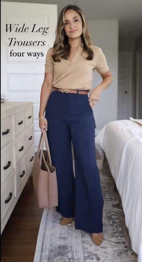 Wide Leg Navy Pants Outfit, Navy Blue Wide Leg Pants Outfits, Petite Office Outfits, Navy Wide Leg Pants Outfit, Navy Blue Blouse Outfit, Navy Work Outfit, Navy Tee Outfit, Blue And Khaki Outfit, Creative Interview Outfit