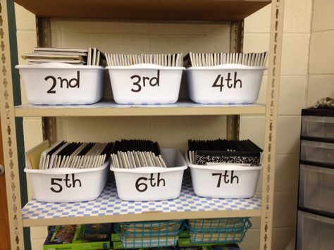 Storage for interactive notebooks, separated by class periods. Student Station, Interactive Notebooks High School, Classroom Storage Ideas, Notebook Storage, Science Experiments Kids Elementary, History Interactive Notebook, Interactive Notebooks Social Studies, Classroom Decoration Ideas, Science Room