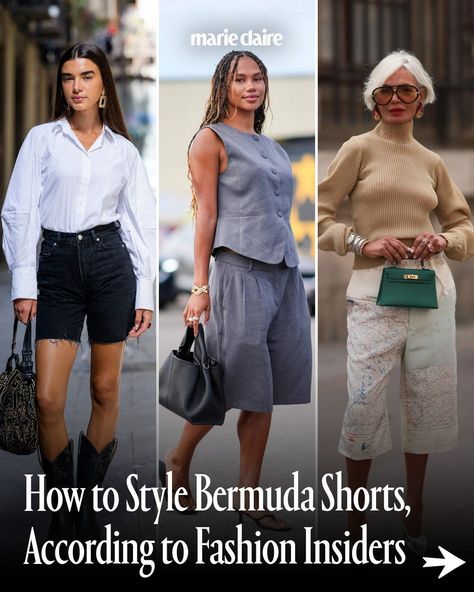 Long story short: Bermuda shorts are making a comeback. 👀 Recently co-signed in celebrity sightings and everyday street style—love it or hate it—this versatile garment is here to stay. Ahead of fall, we’ve curated ten stylish ways to wear Bermuda shorts. Swipe for a preview and click the link in our bio for the complete shoppable style guide. photos: Launchmetrics How To Style Bermuda Shorts, Celebrity Sightings, Tailored Shirts, Marie Claire, Bermuda Shorts, Style Guides, Street Style, Celebrities, How To Wear