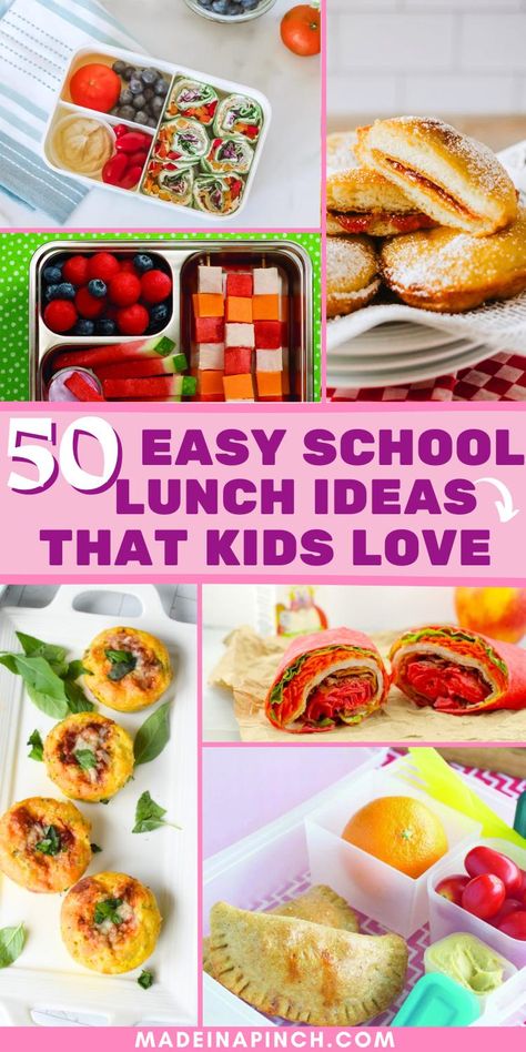 collage image of school lunch ideas for kids with text overlay Kids Pack Lunch Ideas, Vegan School Lunch For Kids, Easy Packed Lunches For Kids, Ideas For Kids Lunches Schools, Kids Lunch Ideas Healthy, 5 Min Lunch Ideas, Meal Prep For Kids Lunches, Packing Kids Lunch, Easy Kid Lunches For School