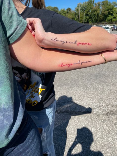 Song Lyric Tattoos For Best Friends, Tvd Matching Tattoos, Vpd Tattoos, Couple Tattoos Always And Forever, Always And Forever Matching Tattoos, Boyfriend Girlfriend Tattoos Couple Tat, Tvd Inspired Tattoos, Always And Forever Tattoo The Originals, The Originals Tattoo Ideas