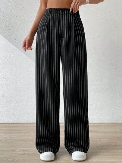 Striped Pants Women, Stripe Pants, Straight Leg Trousers, Stripe Print, Straight Leg Pants, Trousers Women, Summer Women, Casual Style, Black Fashion