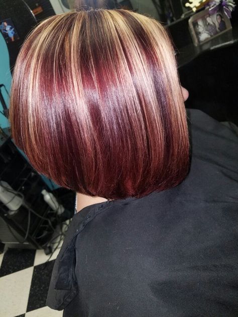 Violet Balayage Hair, Red Violet Hair Color With Highlights, Short Red Hair With Blonde Highlights, Burgundy Hair With Blonde Highlights, Burgundy And Blonde Hair, Cherry Red Hair With Blonde Highlights, Red Hair Going Grey, Red Violet Balayage, Burgundy Blonde Hair