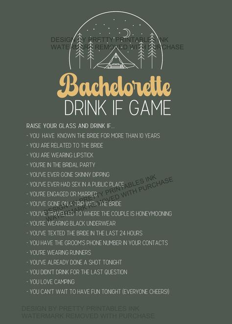 Camp Bachelorette Party Game, Camp Theme Bachelorette Game, Drink If Bachelorette Game, Bachelorette Drinking Game, Take a Sip Game Camp Rules Bachelorette, Camping Bach Party, Game Night Bachelorette Party, Bachelorette Camp Games, Camp Themed Bachelorette Party Games, Camping Bachelorette Party Games, Combined Bachelor Bachelorette Party Theme, Camp Bachelorette Activities, Finger Lakes Bachelorette Party