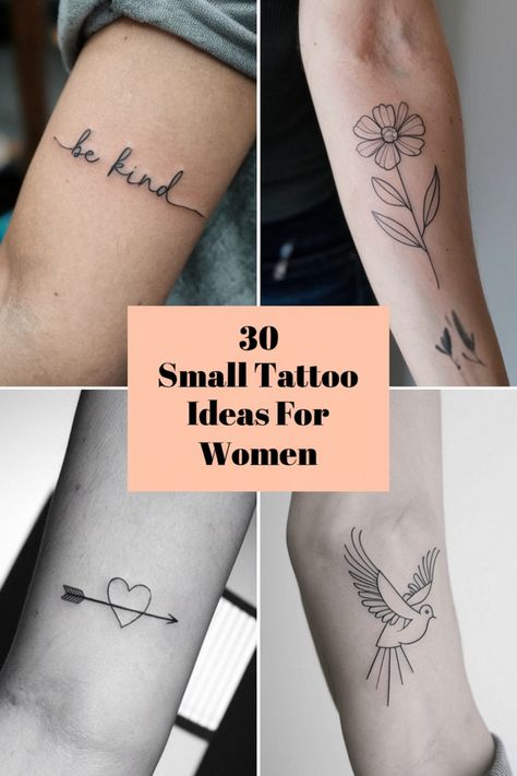 30 small tattoo ideas for women, including “be kind” text, a flower, an arrow through a heart, and a bird. Small Female Tattoos, Small Anchor Tattoos, Watermelon Nail Designs, Small Bee Tattoo, Small Tattoo Ideas For Women, Small Cross Tattoo, Small Tattoos For Women, Tiny Heart Tattoos, Female Tattoos