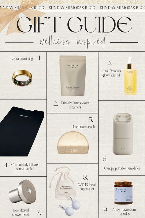 BEST Wellness Gifts for women this holiday season! This is our first holiday gift guide 2024 that we're posting! In this self care & wellness gift guide, we're sharing the top health and wellness gifts including the CurrentBody infrared sauna blanket, the Hatch alarm clock, the Oura ring, our favorite facial cupping kit and more! Check out our latest post for more Christmas gift ideas for everyone on your list. Must Have Self Care Items, Self Care Wishlist Ideas, Gift Guide Design Layout, Christmas Self Care Gift Ideas, Wellness Christmas Gifts, Wellness Post Ideas, Wellness Gift Guide, Wellness Gifts For The Festive Season, Health And Wellness Gifts