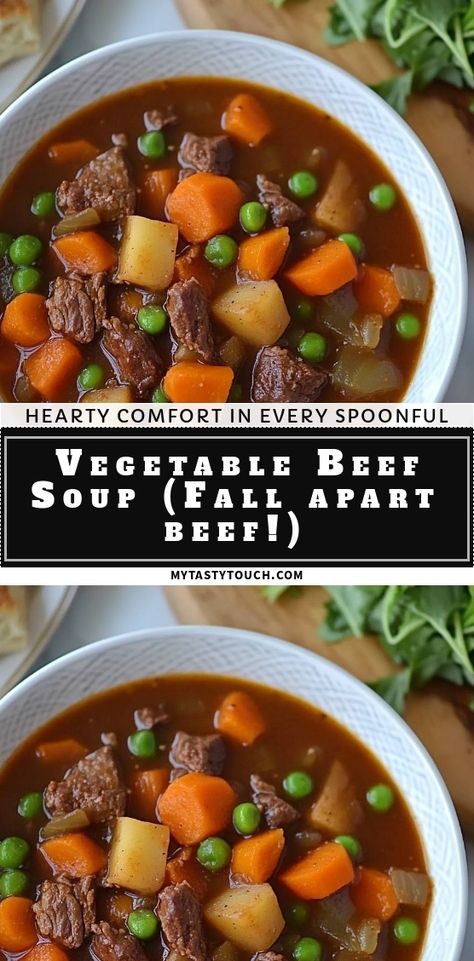 Dive into a bowl of my Vegetable Beef Soup, where tender beef meets a symphony of fresh vegetables! Perfect for chilly days, this recipe offers mouthwatering flavors and vibrant colors that warm the soul. Trust me, the fall-apart beef will have you coming back for seconds! Chuck Roast Vegetable Beef Soup, Beef And Vegetable Soup Recipes, Best Ever Vegetable Beef Soup, Simple Vegetable Beef Soup, Gluten Free Vegetable Beef Soup, Beef Veg Soup Recipes, Soup With Chuck Roast Meat, Vegetable Beef Soup With Leftover Prime Rib, Beef Tip Soup