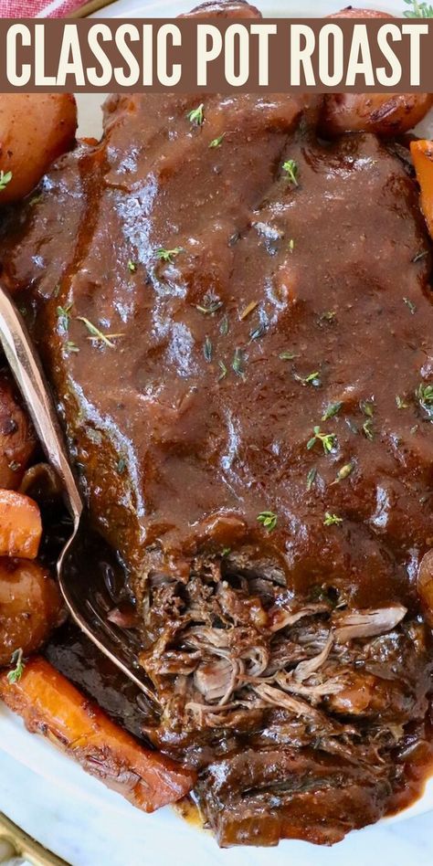 pot roast on plate smothered in gravy Best Pot Roast Ever, Roast In Dutch Oven, The Best Pot Roast, Dutch Oven Pot Roast, Chuck Roast Recipes, Classic Pot Roast, Best Pot Roast, Pot Roast Recipe, Beef Pot Roast