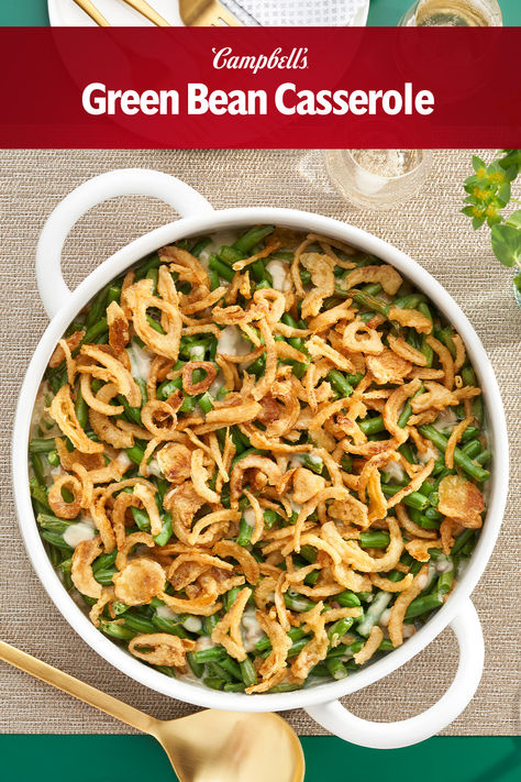 It is the dish everyone is expecting on Thanksgiving, but it is so easy to make, you can serve it any day. Created by Campbell Test Kitchen Manager Dorcas Reilly in 1955, its creamy, smooth sauce and unmatchable flavor combined with its simplicity makes Green Bean Casserole so appealing. Just five ingredients and 10 minutes to put together, this family pleasing side has been a holiday favorite for over 60 years. Campbells Green Bean Casserole Recipe, Green Bean Mushroom Casserole, Green Bean Mushroom, Campbell's Recipes, Green Bean Casserole Campbells, Best Green Bean Casserole, Cooking Items, Campbells Recipes, Veggie Side Dish Recipes