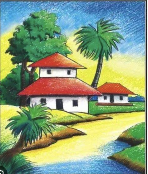 Landscape Drawings Easy For Kids, Oil Pastel Drawings Easy Scenery, Easy Scenery Drawing For Kids, Landscape Drawing For Kids, Beautiful Scenery Drawing, Scenery Drawing For Kids, Easy Scenery Drawing, Oil Pastel Landscape, Pastel Drawings Easy