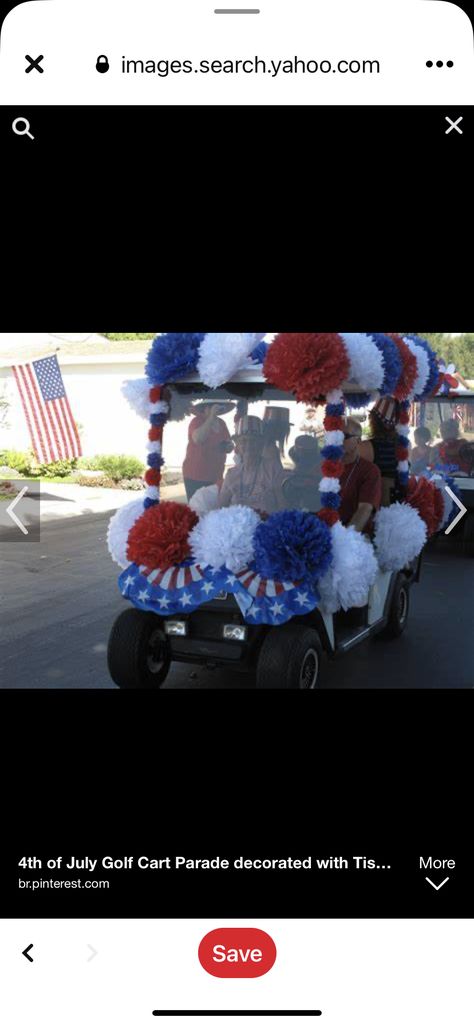 4th Of July Golf Cart, Golf Cart Parade, Golf Cart Decorations, Bike Parade, Blue Party Decorations, Paper Pom Pom, 4th Of July Parade, Fourth Of July Decorations, Tissue Paper Pom Poms