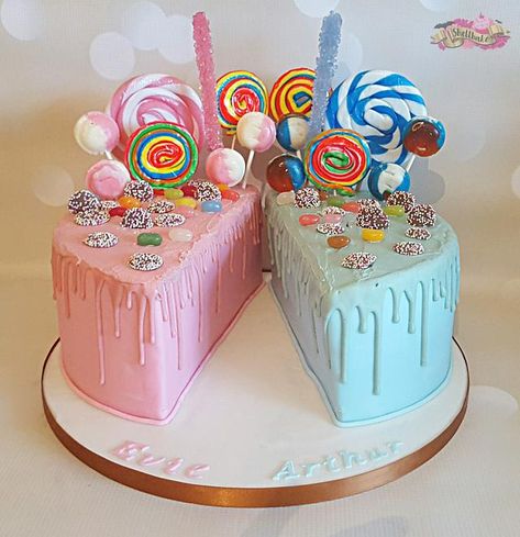 Half Birthday Cakes, Twin Birthday Cakes, Candy Birthday Cakes, Twins Cake, Bolo Minnie, Birthday Cake Ideas, Baby Birthday Cakes, Cake Decorating Designs, Drip Cake