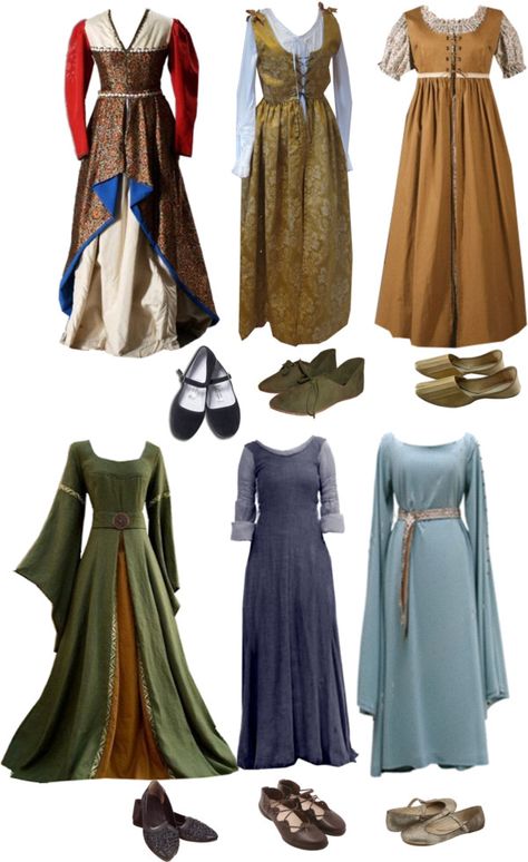 "RT Main Dresses" by medievalmadness ❤ liked on Polyvore Gaun Abad Pertengahan, Costume Viking, Medieval Gown, Medieval Clothes, Medieval Costume, Medieval Clothing, Medieval Dress, Medieval Fashion, Different Dresses