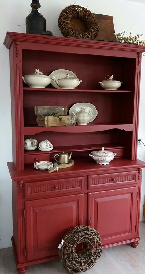 Painted Hutch Ideas, Red Feature Wall, Red Theory, Red Dresser, Painting Bookcase, Painted Hutch, Painted China Cabinets, Red Furniture, Fusion Paint